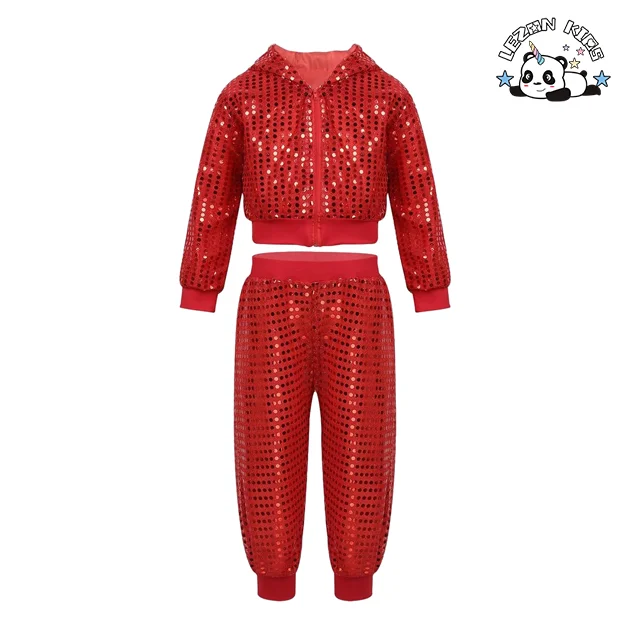 LEZONKIDS - Conjunto Personalizado de Top com Capuz e Calças com Lantejoulas para Meninas Camisa Esportiva Colorida para Festa de Dança de Verão